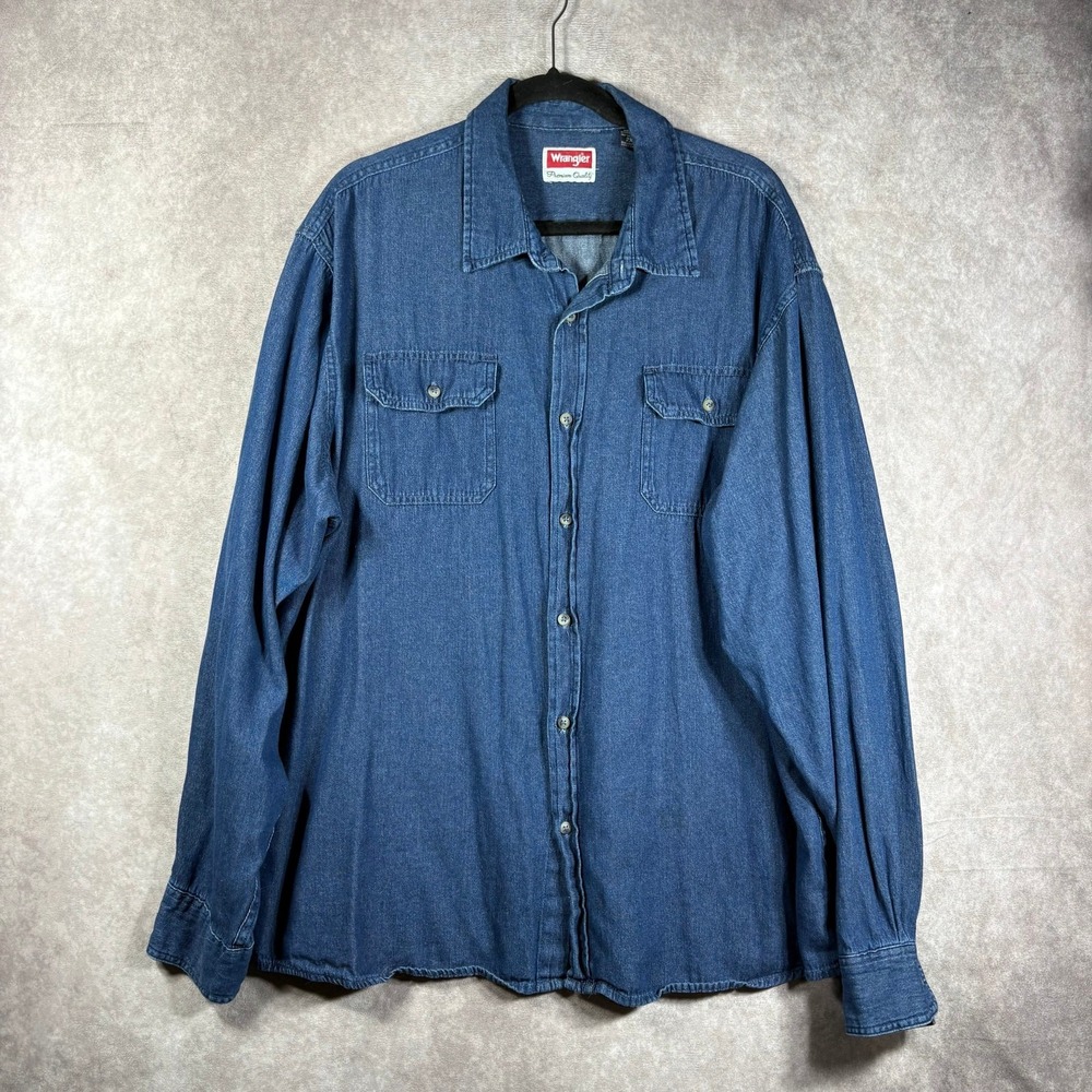 Wrangler Denim Shirt Mens Size 2X Blue Button Up Long Sleeve Casual Pockets